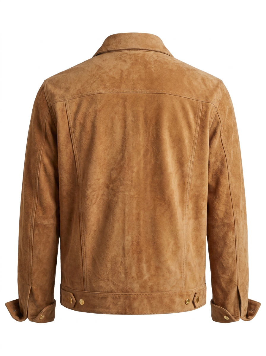 A tan suede jacket shown from the back, featuring a collar, long sleeves, and snap-button cuffs and hem, set against a plain white background.