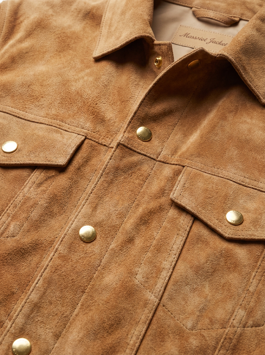 Close-up of a brown suede jacket with brass snap buttons and a visible 'Maverick Jacket' label inside the collar.