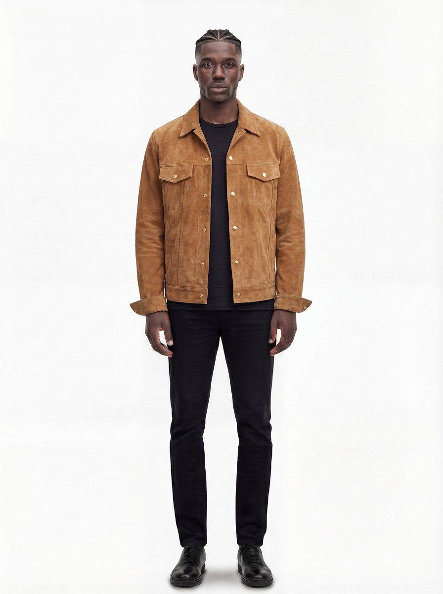 A man modeling a tan suede jacket over a black t-shirt and black pants, standing against a plain white studio background.