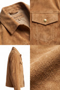 A four-panel collage showing a tan suede jacket: a collar detail with a visible 'Maverick Jacket' label, a close-up of a chest pocket with a brass snap, a side profile of the jacket on a white background, and a close-up of the suede texture.