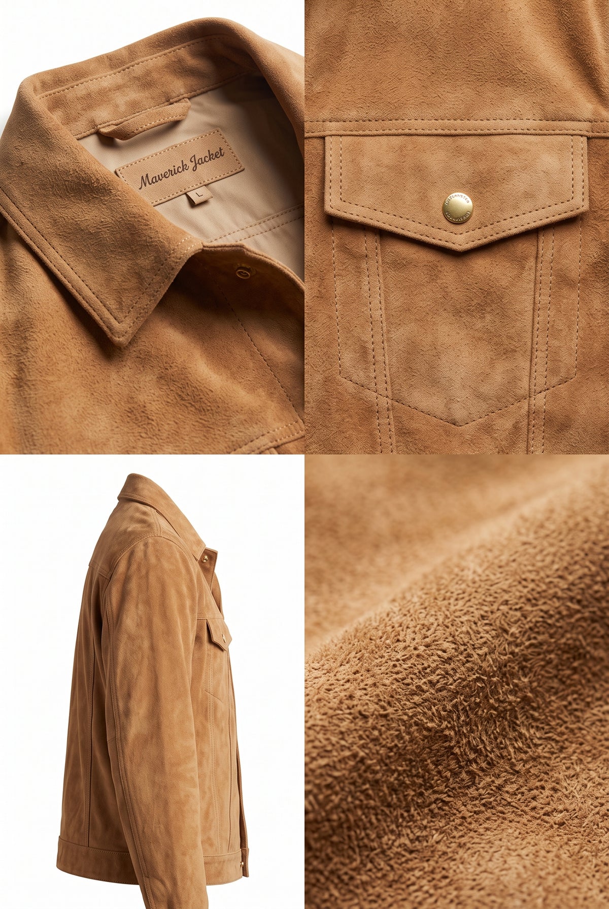 A four-panel collage showing a tan suede jacket: a collar detail with a visible 'Maverick Jacket' label, a close-up of a chest pocket with a brass snap, a side profile of the jacket on a white background, and a close-up of the suede texture.
