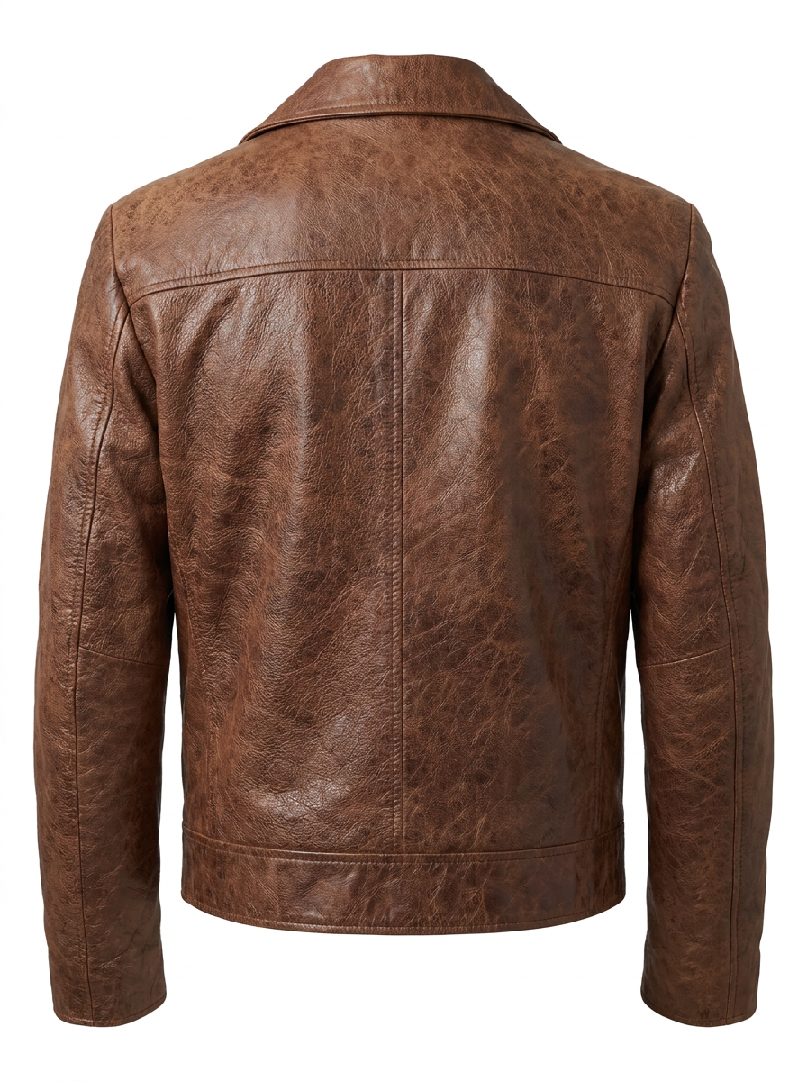 A brown distressed leather jacket with a pointed collar, button front, and two flap chest pockets, shown on a plain white background.