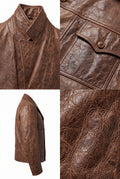 A brown distressed leather jacket shown in multiple views: a close-up of the collar and lapel, a close-up of a buttoned chest pocket, a side profile view, and a detailed texture close-up. The leather has a heavily cracked, weathered finish.