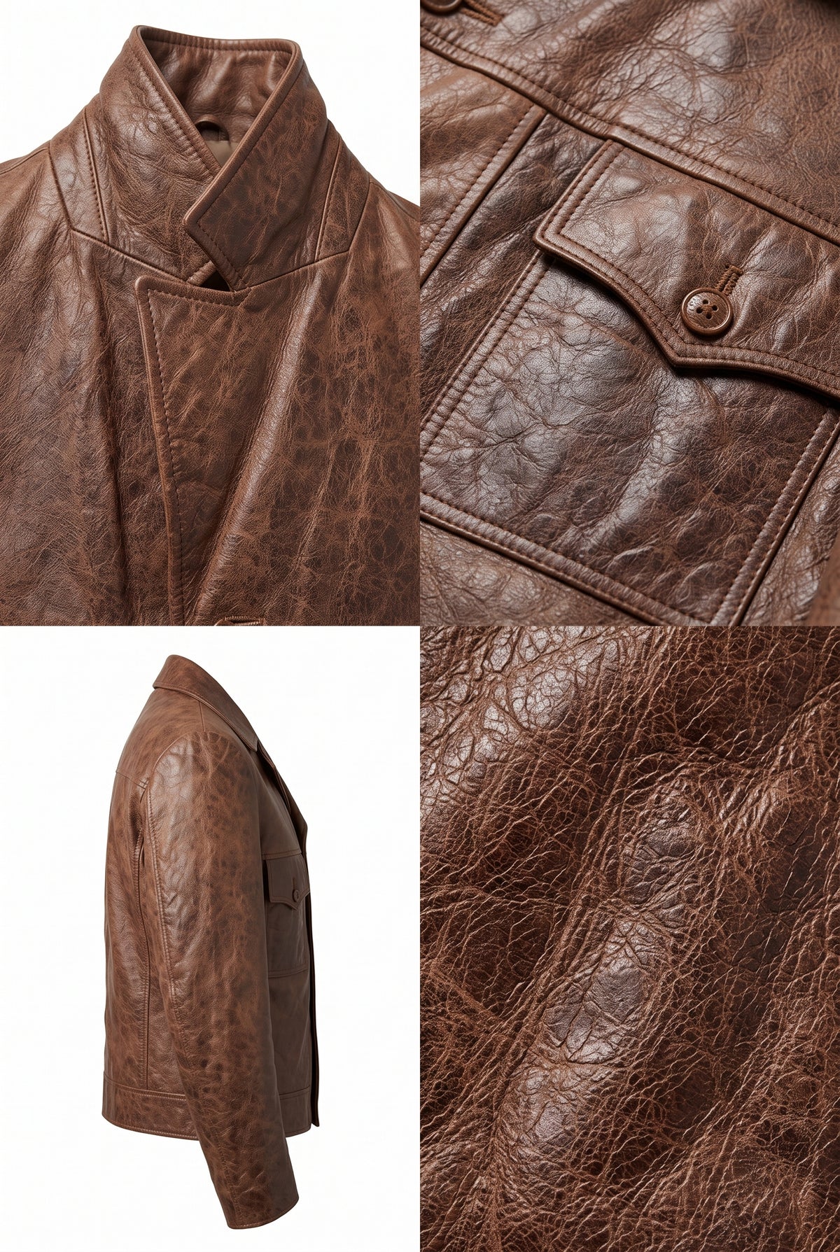 A brown distressed leather jacket shown in multiple views: a close-up of the collar and lapel, a close-up of a buttoned chest pocket, a side profile view, and a detailed texture close-up. The leather has a heavily cracked, weathered finish.