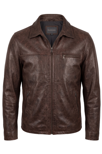 Distressed Brown Leather Zip Jacket | Maverick Bronson