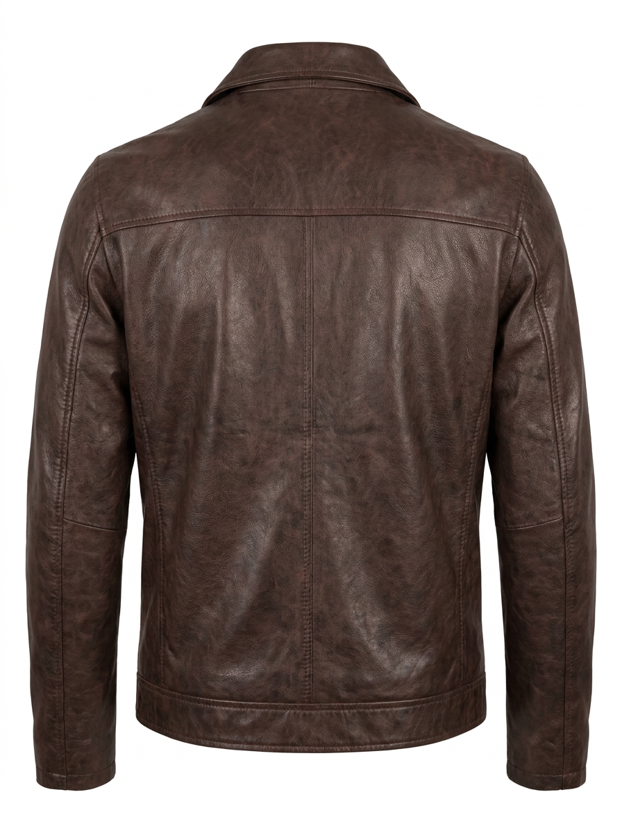 A dark brown distressed leather jacket with a front zipper, zippered chest pocket, and zippered side pockets, shown on a plain white background.