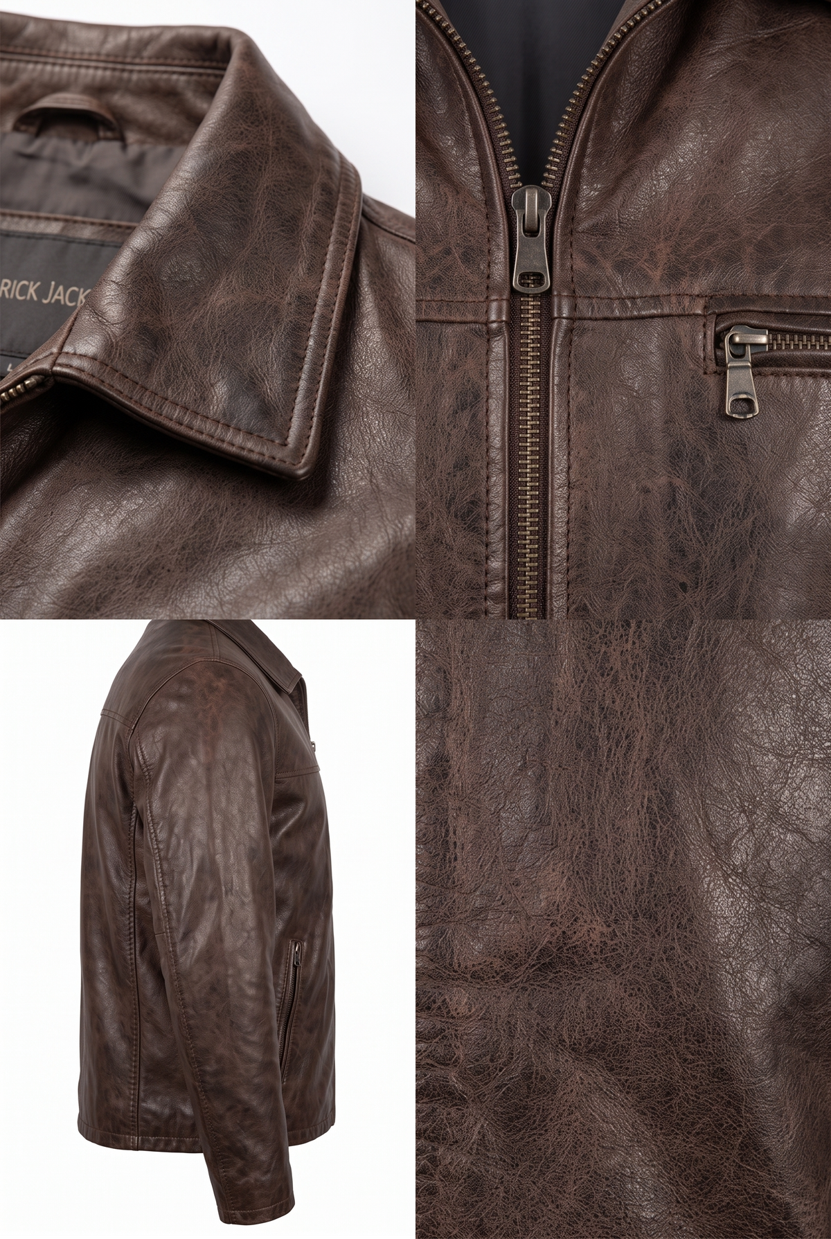 A collage showing a dark brown distressed leather jacket from multiple angles: a close-up of the collar and zipper, a front view with a zip pocket, a side profile, and a detailed texture close-up.