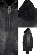 Maverick Gideon G-1 flight jacket with a black shearling fleece collar, shown in a multi-view collage including close-ups of the zipper, collar texture, leather grain, and side profile.