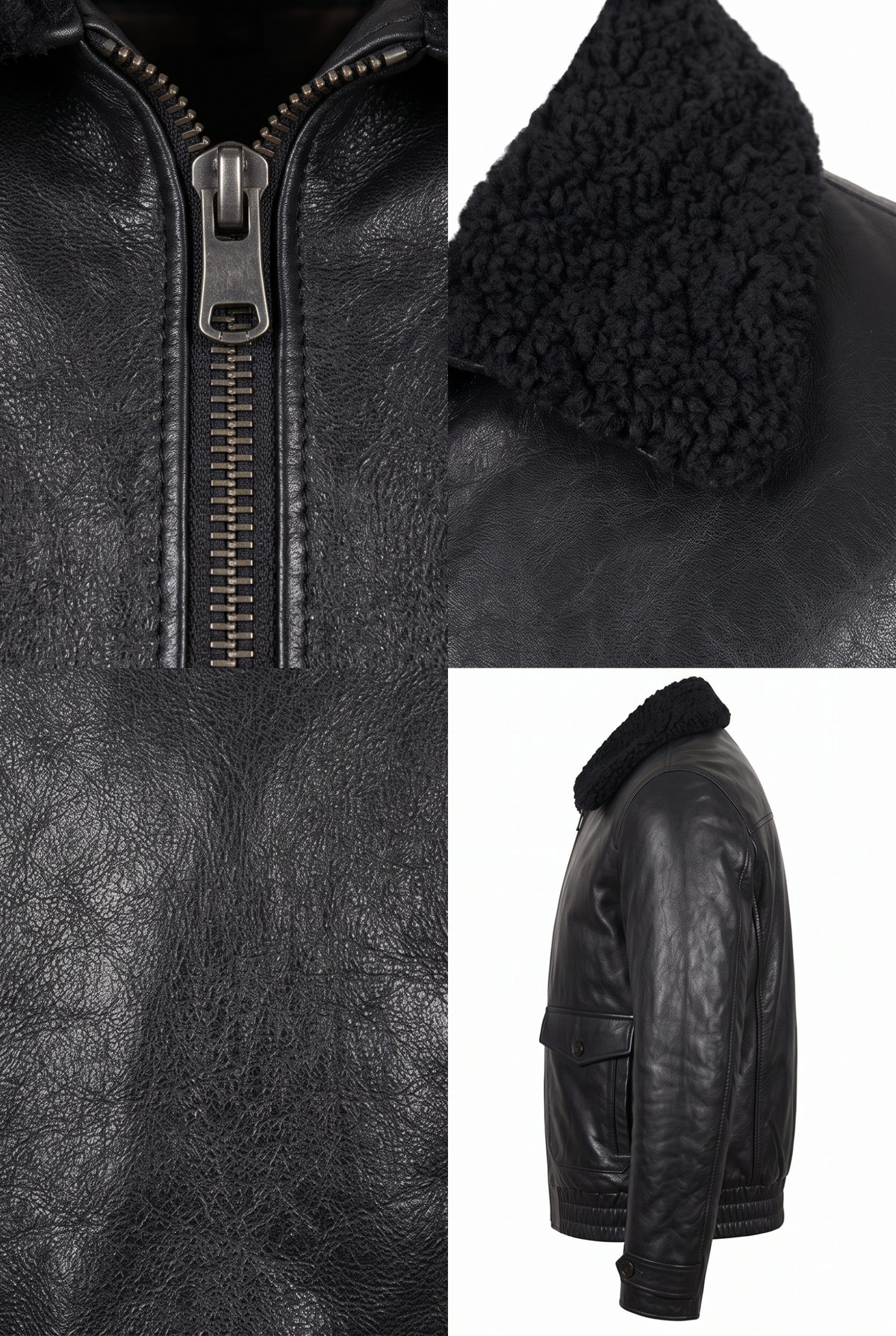 Maverick Gideon G-1 flight jacket with a black shearling fleece collar, shown in a multi-view collage including close-ups of the zipper, collar texture, leather grain, and side profile.