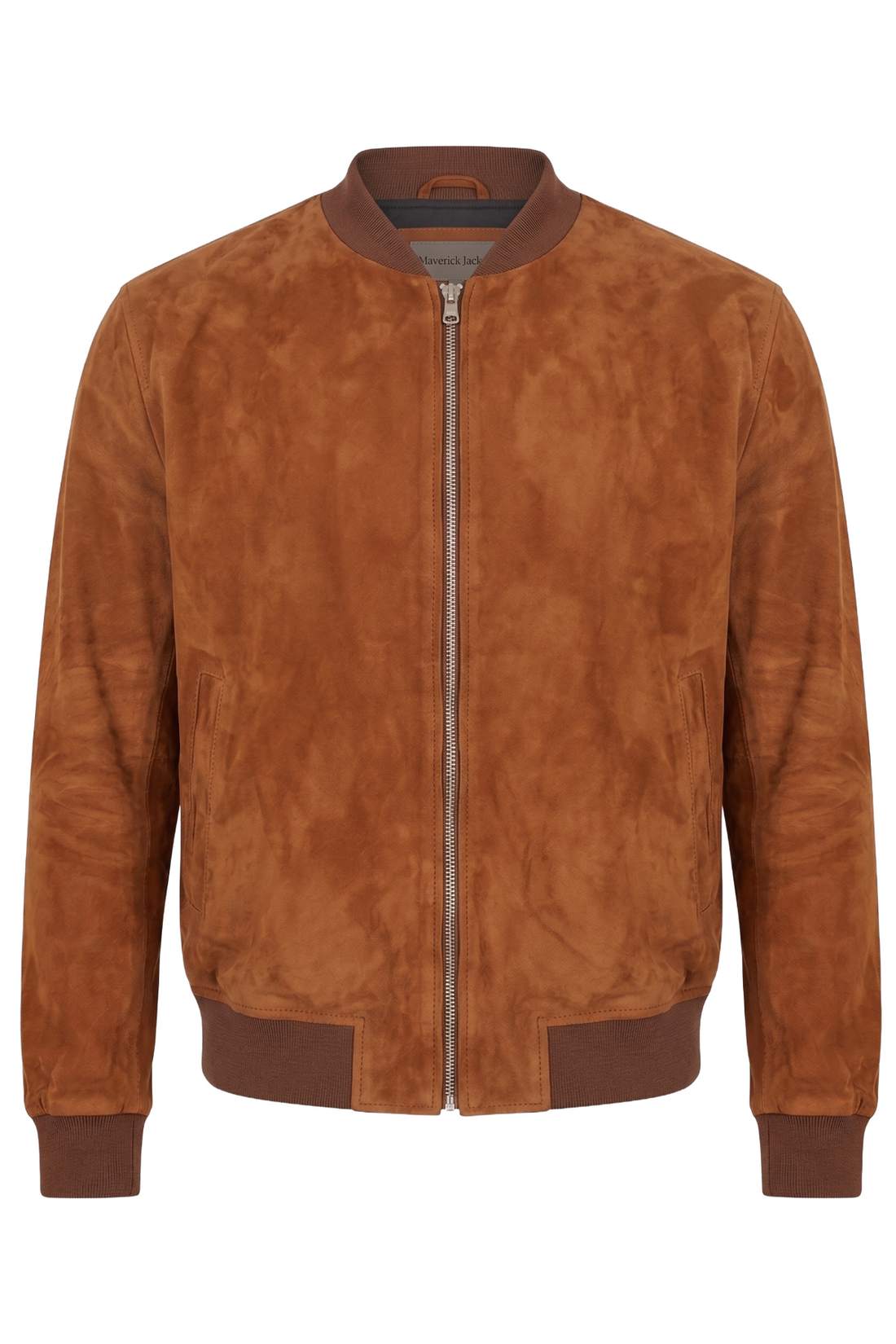 A brown suede bomber jacket with a full-length front zipper, ribbed collar, cuffs, and hem, shown on a plain white background.