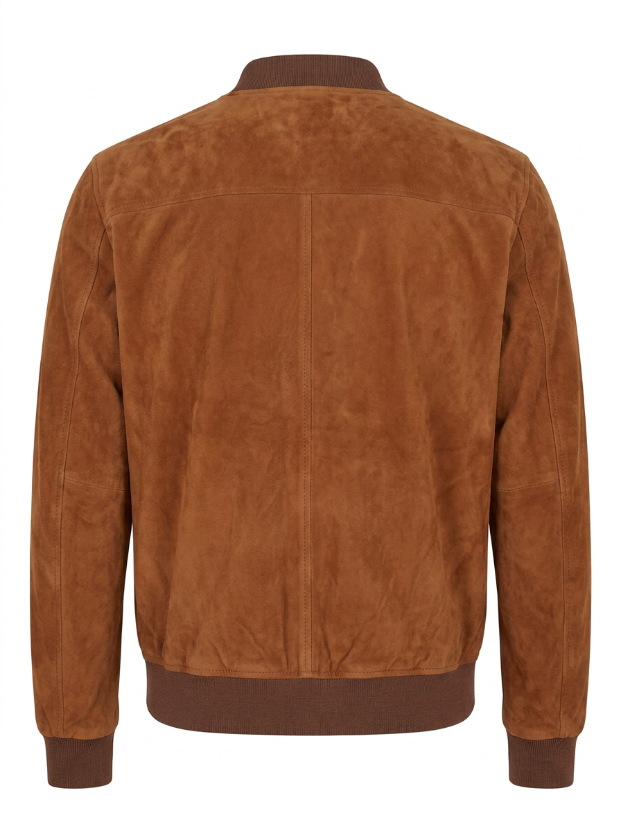 A brown suede bomber jacket with a full-length front zipper, ribbed collar, cuffs, and hem, shown on a plain white background.