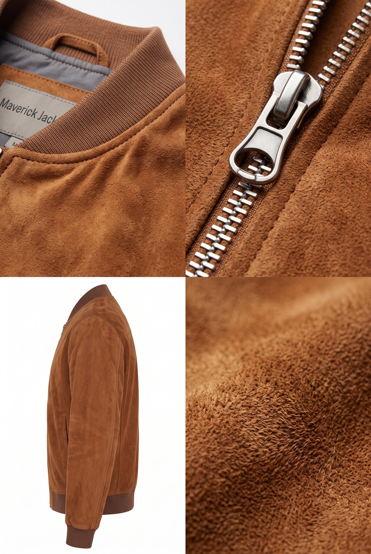 A four-panel collage showing a brown suede jacket: a close-up of the collar with a visible Maverick Jack label, a close-up of the silver zipper, a side profile of the jacket on a white background, and a close-up of the textured brown fabric.