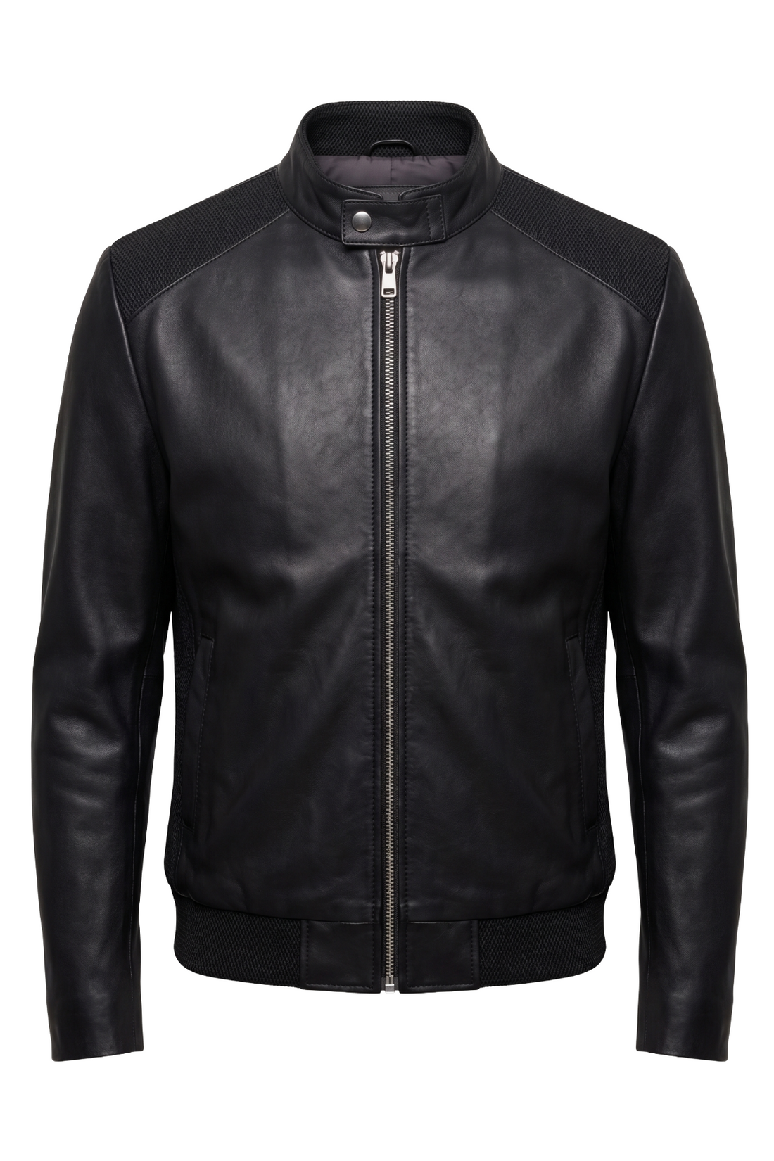 A black leather jacket with contrasting black mesh shoulder panels, a silver-tone metal zipper, and a ribbed knit collar, cuffs, and hem, shown on a plain white background.