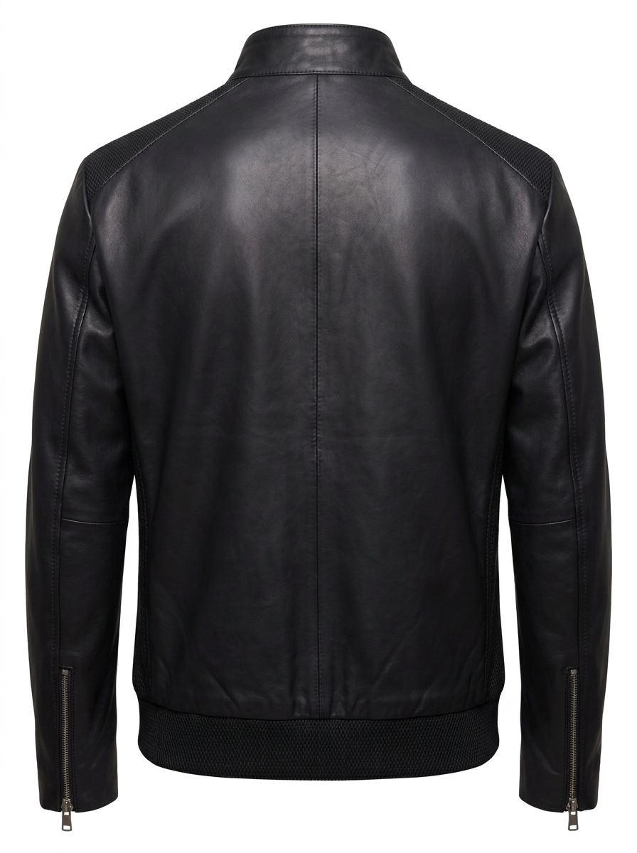A black leather jacket with contrasting black mesh shoulder panels, a silver-tone metal zipper, and a ribbed knit collar, cuffs, and hem, shown on a plain white background.