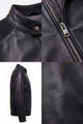 Black leather jacket shown in a four-panel collage: close-up of the collar and snap closure, close-up of the front zipper, side profile view, and a close-up of the leather texture.