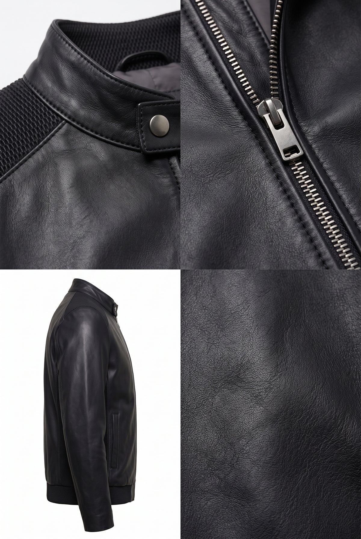 Black leather jacket shown in a four-panel collage: close-up of the collar and snap closure, close-up of the front zipper, side profile view, and a close-up of the leather texture.