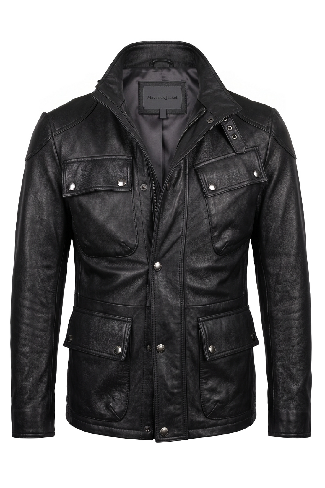 Maverick Maddox black leather utility field jacket, front flat lay showing stand collar and four snap-flap pockets,
