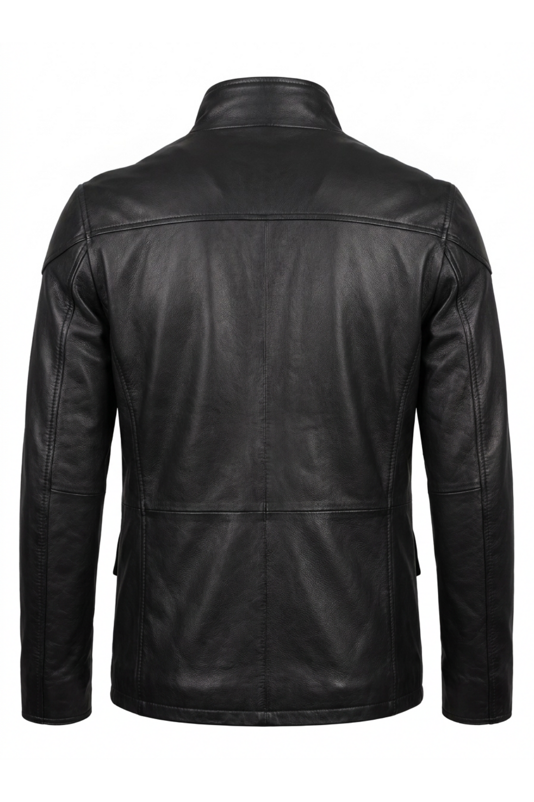 Maverick Maddox black leather utility field jacket, front flat lay showing stand collar and four snap-flap pockets,