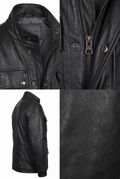 Close-up of the Maverick Maddox black leather field jacket, showing the concealed metal zipper and snap-front placket.