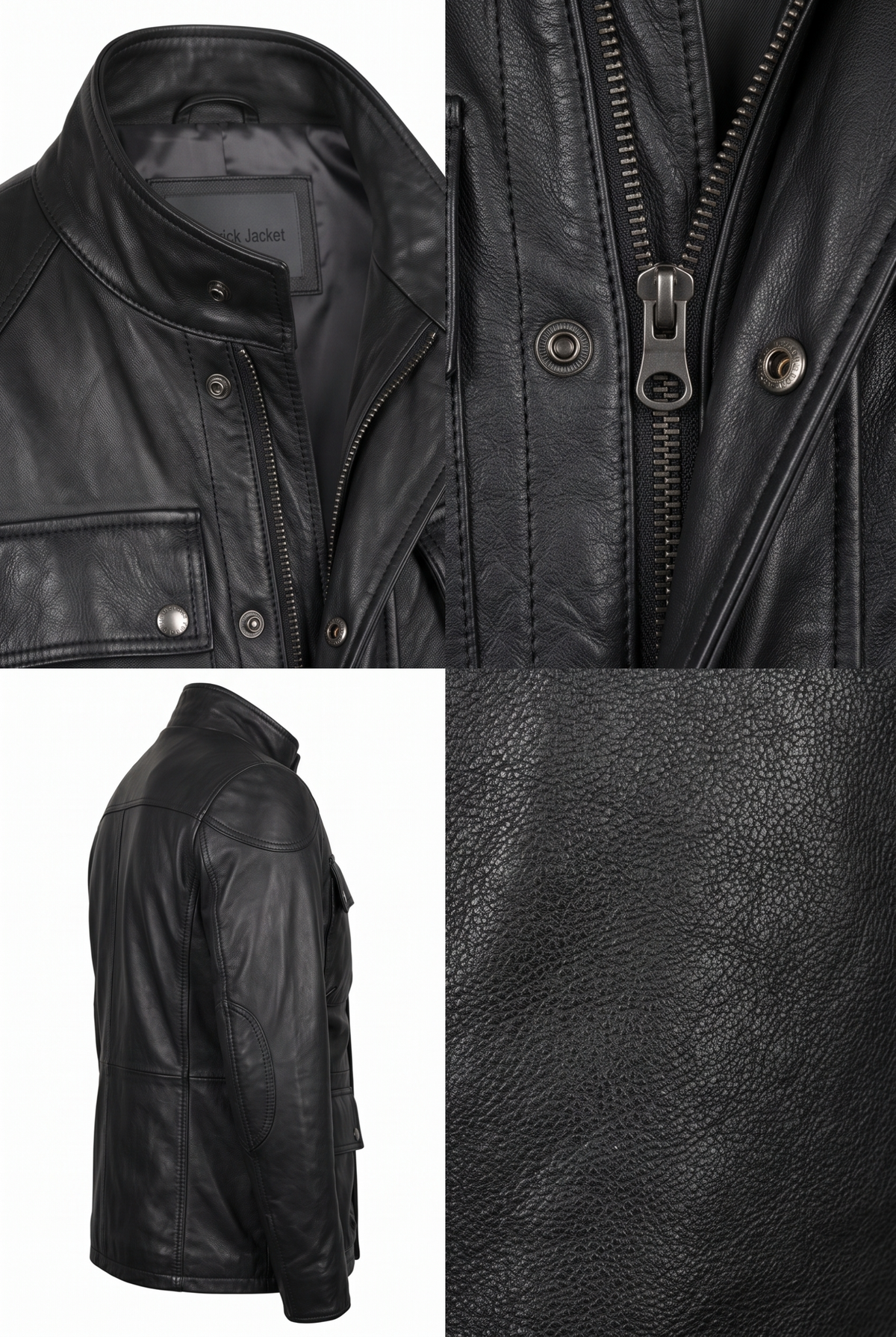 Close-up of the Maverick Maddox black leather field jacket, showing the concealed metal zipper and snap-front placket.