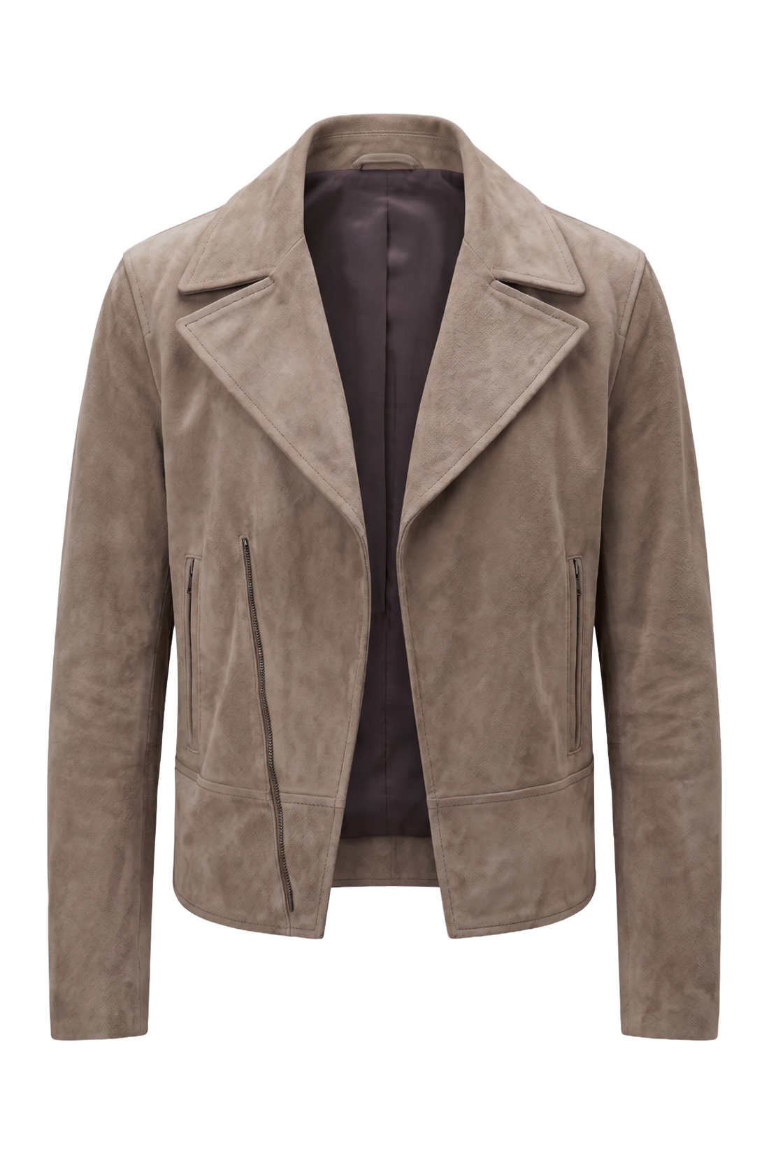 Maverick Gage taupe suede moto jacket in a front ghost mannequin, with broad notch lapels and an asymmetrical zipper.
