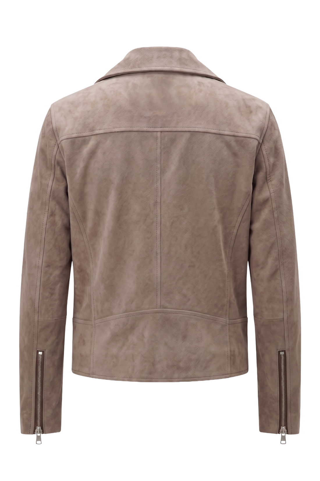 Maverick Gage taupe suede moto jacket in a front ghost mannequin, with broad notch lapels and an asymmetrical zipper.