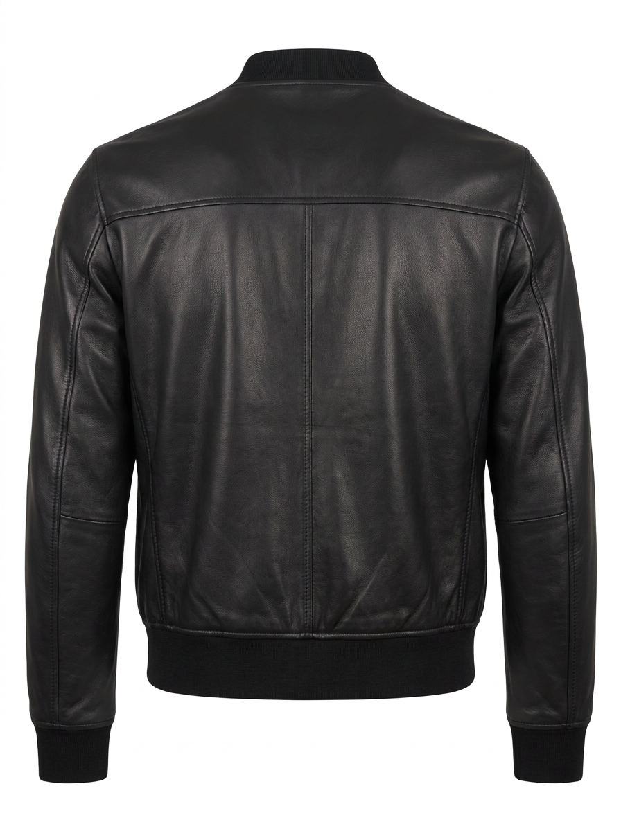 Maverick Rhys black leather bomber jacket in a front view in ghost mannequin, with ribbed collar, silver zipper and flap pockets.