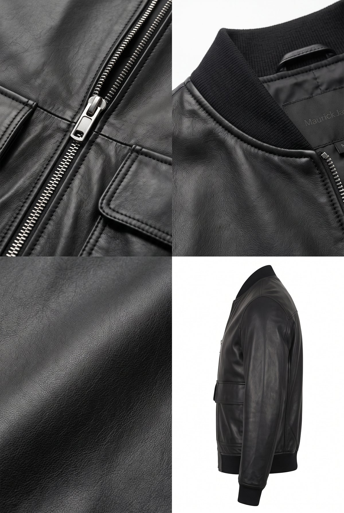 Close-up of the Maverick Rhys black leather bomber jacket, showing its polished silver zipper and rectangular pull.
