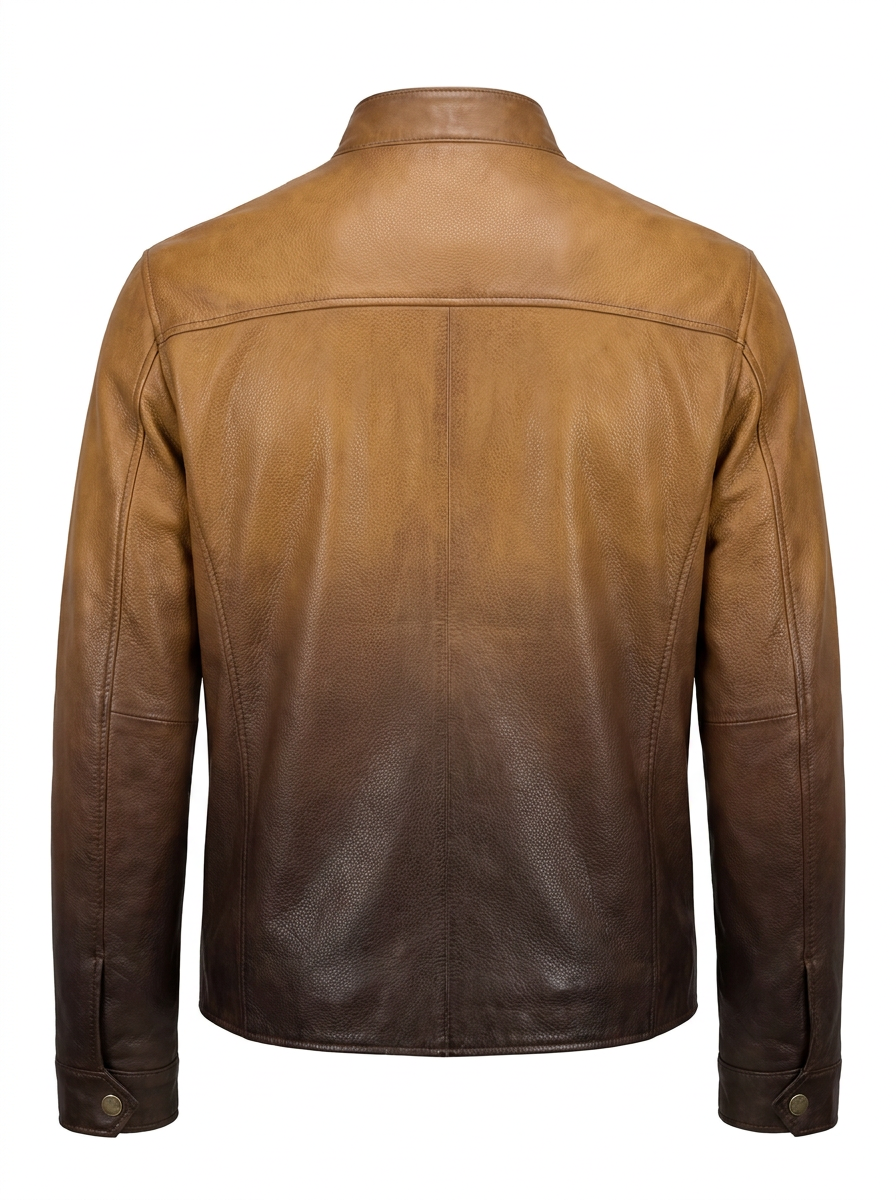 Maverick Draven cafe racer jacket in a front view in ghost mannequin, with camel-to-espresso leather, stand collar and zip pockets.