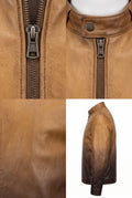 A four-panel product collage showing a of the Maverick Draven cafe racer jacket: close-up of the front zipper, close-up of the collar and snap closure, close-up of the leather texture, and a side view on a white background. 