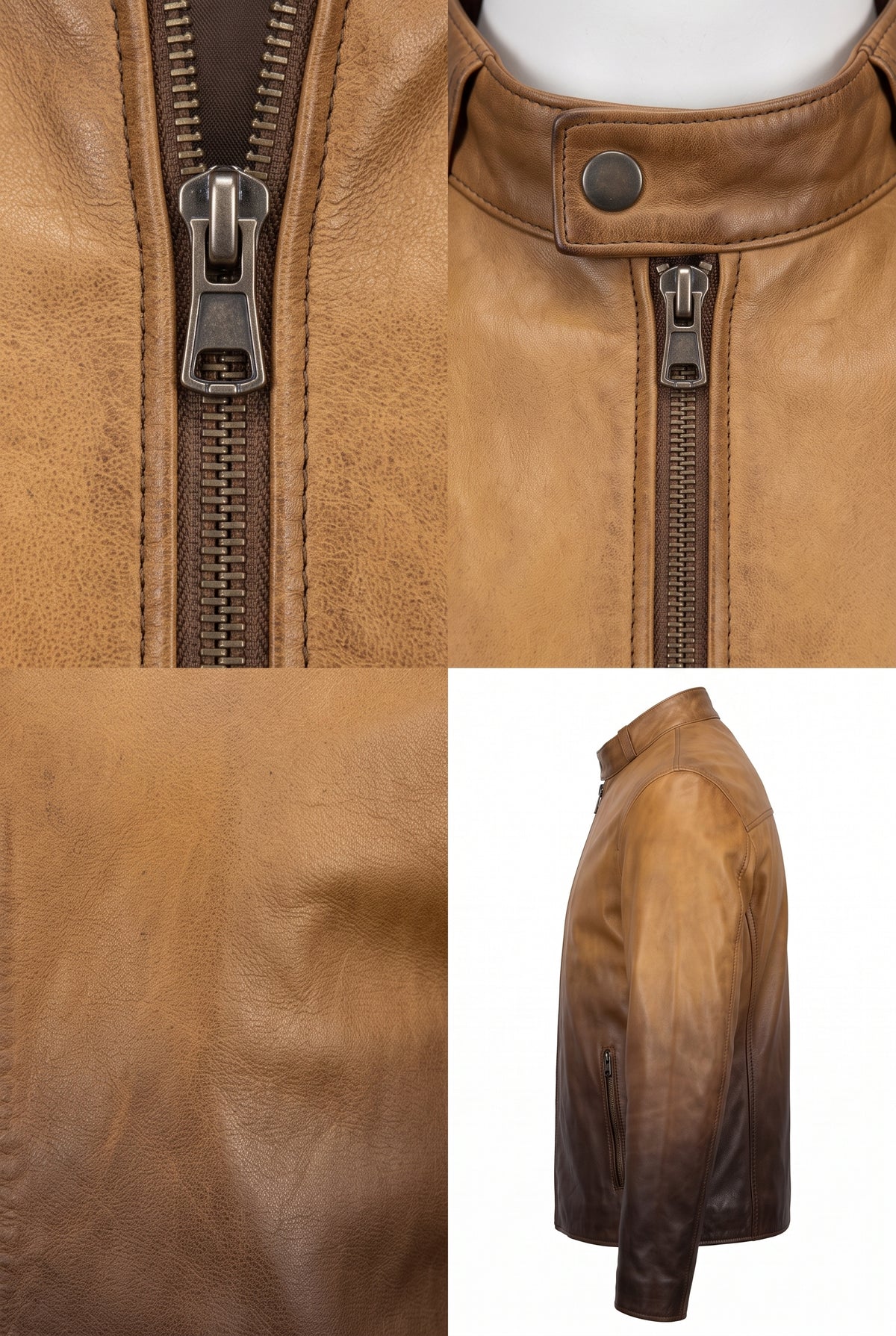 A four-panel product collage showing a of the Maverick Draven cafe racer jacket: close-up of the front zipper, close-up of the collar and snap closure, close-up of the leather texture, and a side view on a white background. 