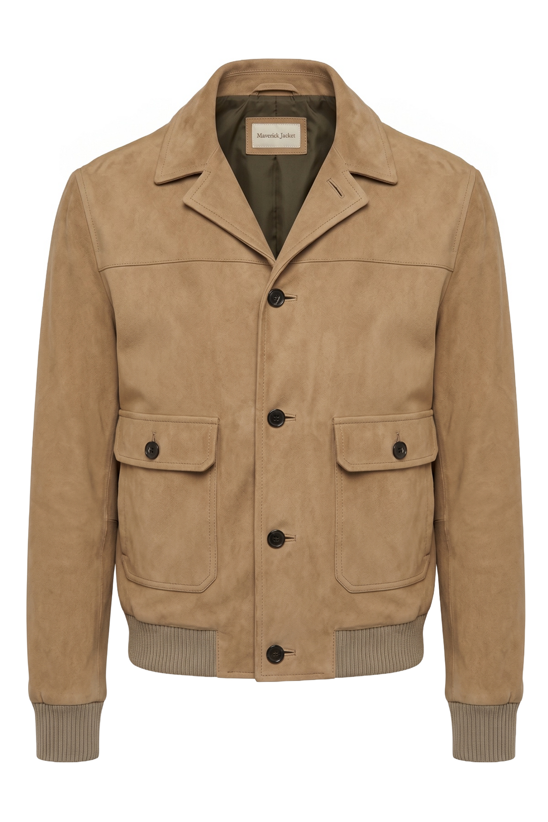 Maverick Mercer camel suede blouson in a front view in ghost mannequin, with point collar, five dark buttons and flap patch pockets.