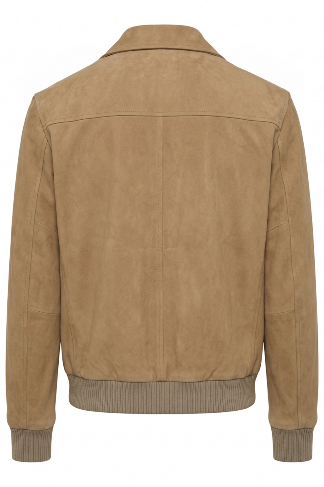 Maverick Mercer camel suede blouson in a front view in ghost mannequin, with point collar, five dark buttons and flap patch pockets.