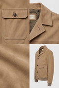 Maverick Mercer camel suede blouson shown in a four-panel collage: close-up of a flap pocket, collar and interior neck label, fabric texture close-up, and a full-body front view on a light gray background.