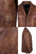 A Maverick Kincaid brown leather blazer shown in multiple views: a close-up of the chest pocket, the front opening with one button visible, a detailed texture close-up, and a side profile view on a white background.