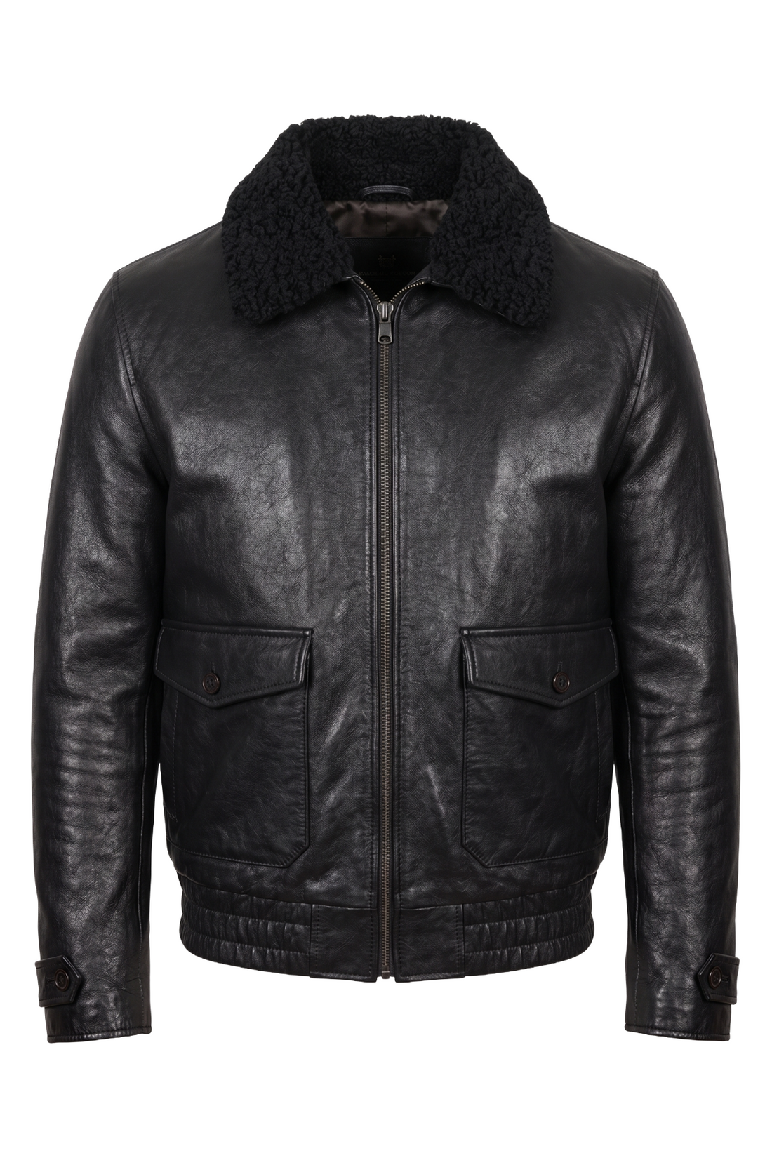 Maverick Gideon black leather G-1 flight jacket in a front view in ghost mannequin, with shearling collar, zip and flap pockets.