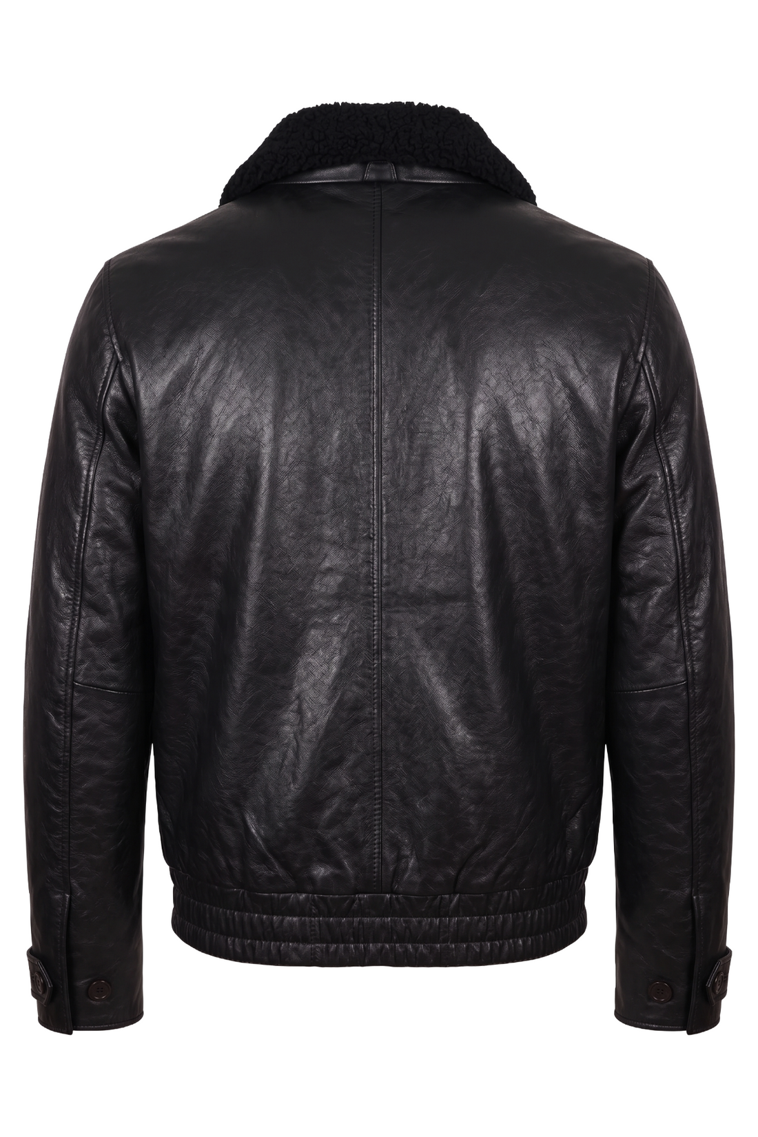 Maverick Gideon black leather G-1 flight jacket in a front view in ghost mannequin, with shearling collar, zip and flap pockets.