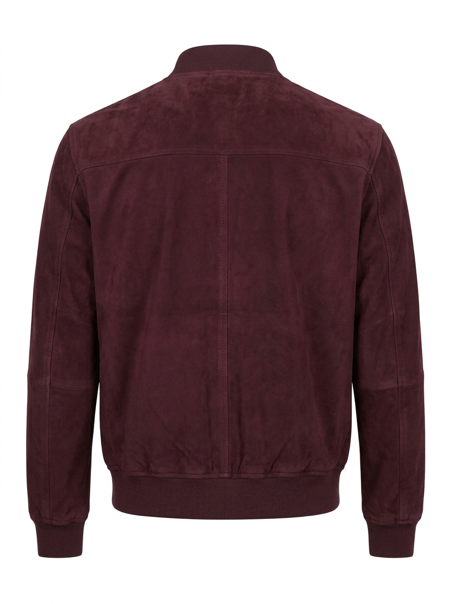 Maverick Calder oxblood suede bomber jacket in a front view in ghost mannequin, with rib-knit collar, silver zip and flap pockets.