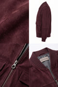 A Maverick Calder burgundy suede bomber jacket shown in a multi-view collage, featuring a close-up of the textured suede fabric, a side profile view.