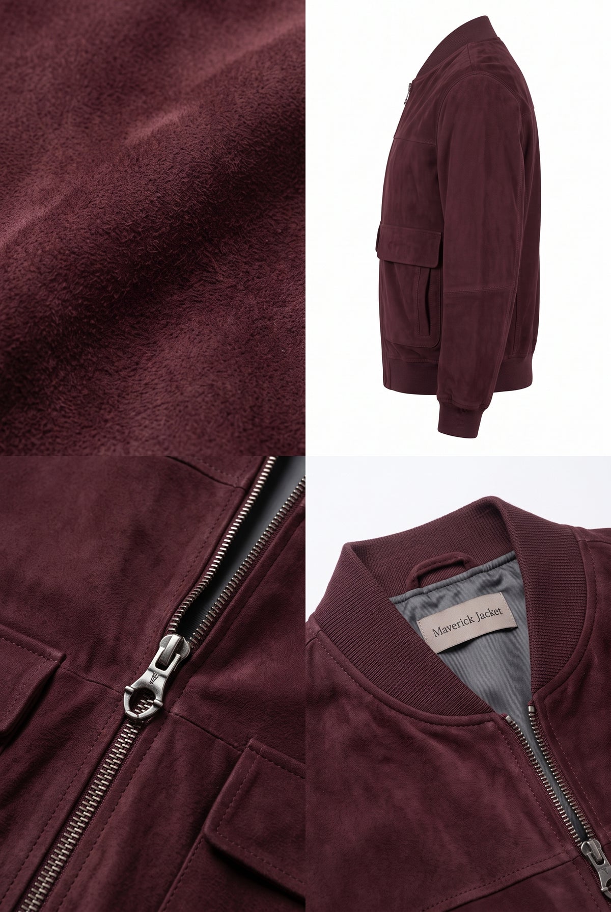 A Maverick Calder burgundy suede bomber jacket shown in a multi-view collage, featuring a close-up of the textured suede fabric, a side profile view.