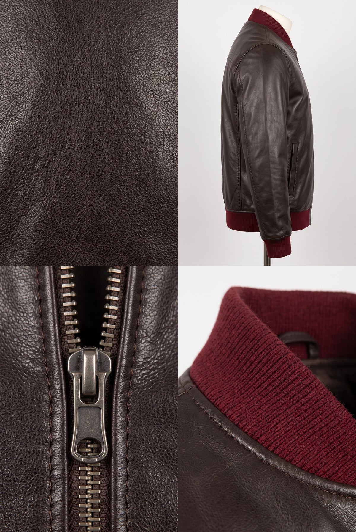 A Maverick Holden brown leather bomber jacket with a deep burgundy ribbed knit collar, shown in a multi-panel layout featuring a full side profile on a mannequin, a close-up of the leather texture, a close-up of the metal zipper pull, and a close-up of the collar.