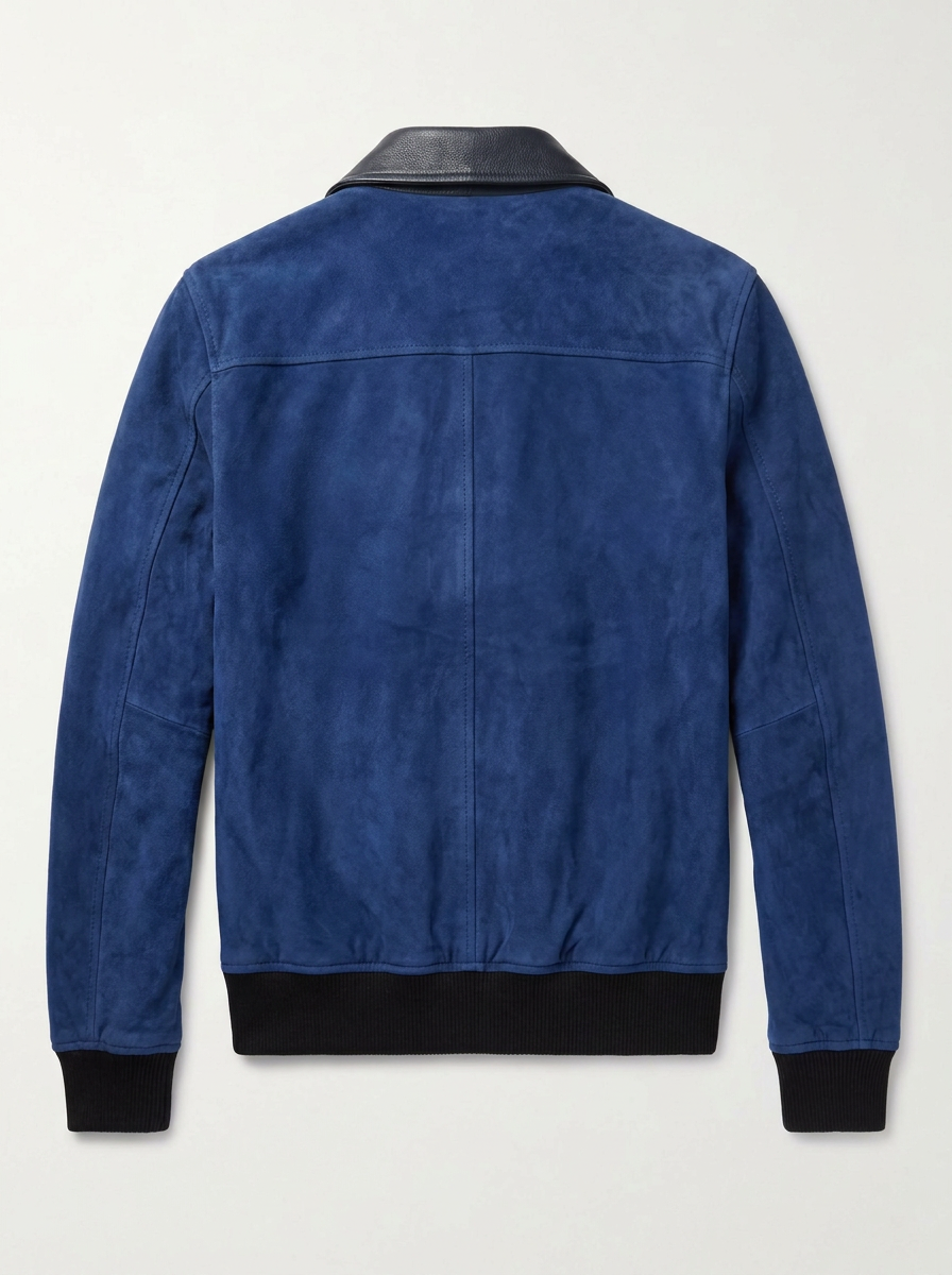 Maverick Vance cobalt suede Harrington jacket in a front view in ghost mannequin, with black leather collar, gunmetal zip and welt pockets.