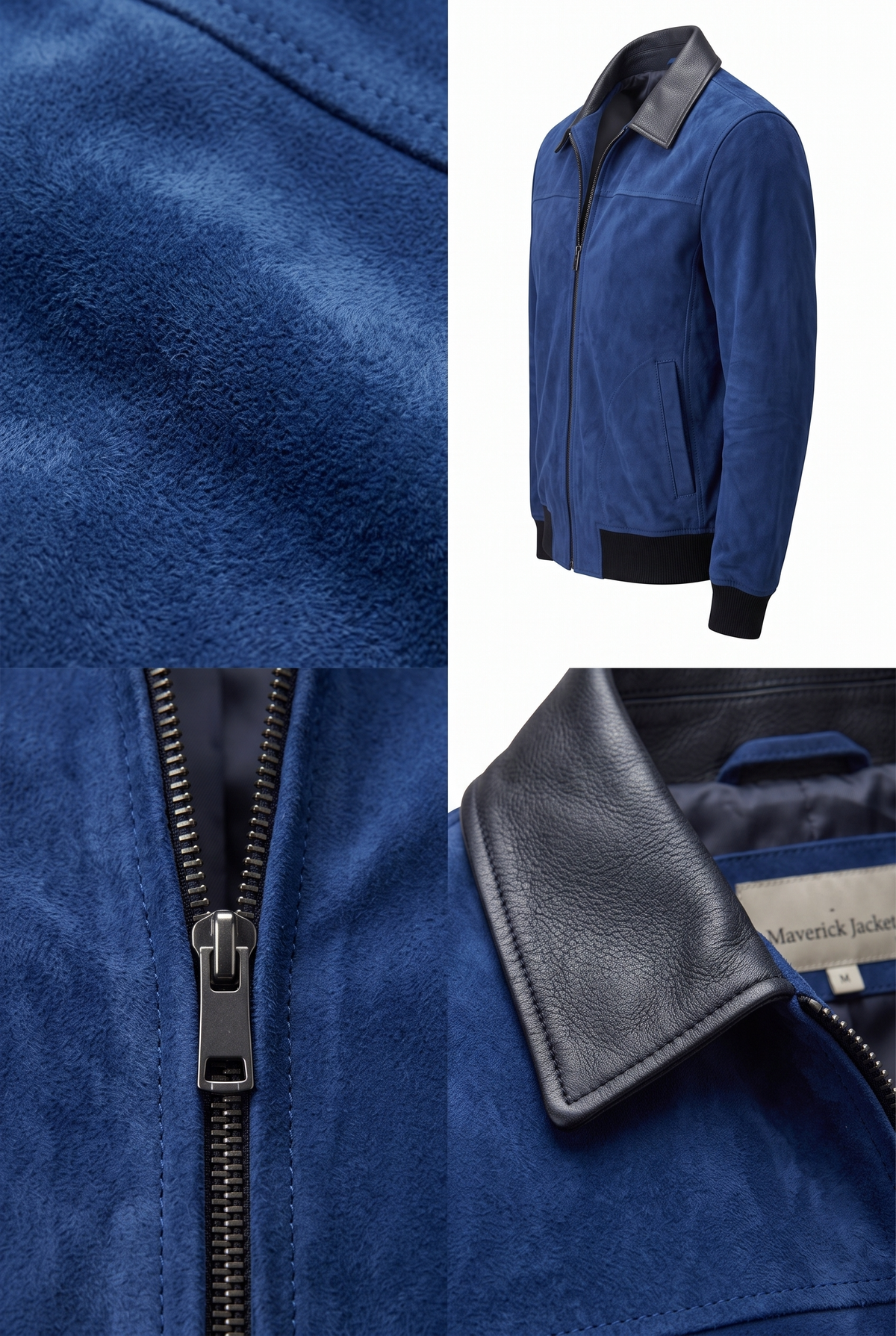 A Maverick Vance cobalt suede Harrington jacket shown in a multi-panel collage, including a full-body view, a close-up of the blue suede texture, a close-up of the black leather zipper pull and collar, and a close-up of the interior label reading 'Maverick jacket'.