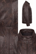 A Maverick Bronson brown leather cafe racer shown in three views: a close-up of the chest and zipper, a side profile, and a front view showing the collar and snap button.