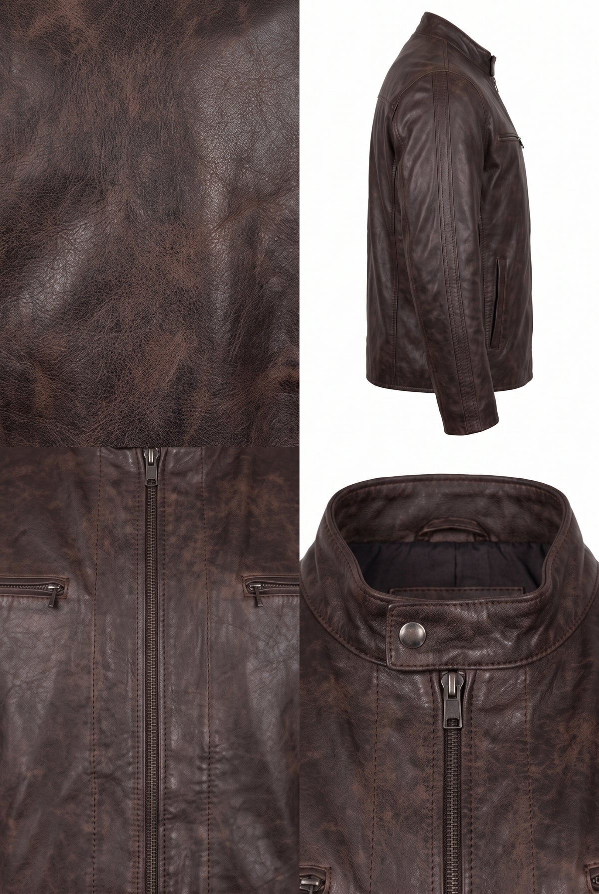 A Maverick Bronson brown leather cafe racer shown in three views: a close-up of the chest and zipper, a side profile, and a front view showing the collar and snap button.