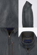 A Maverick Stanton slate leather bomber jacket shown in a multi-view collage, including a close-up of the leather texture, a side profile view, and front and neck opening views showing the zipper and interior label.