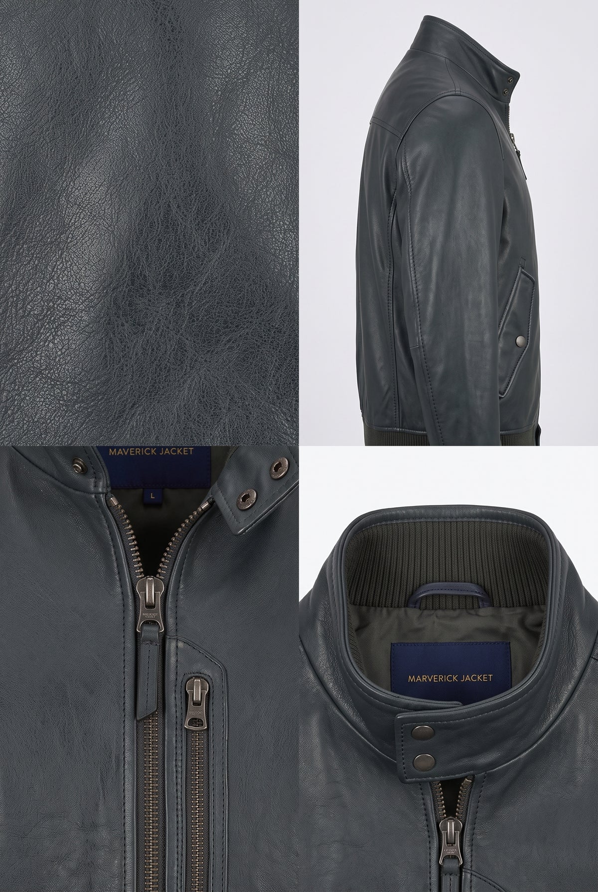 A Maverick Stanton slate leather bomber jacket shown in a multi-view collage, including a close-up of the leather texture, a side profile view, and front and neck opening views showing the zipper and interior label.