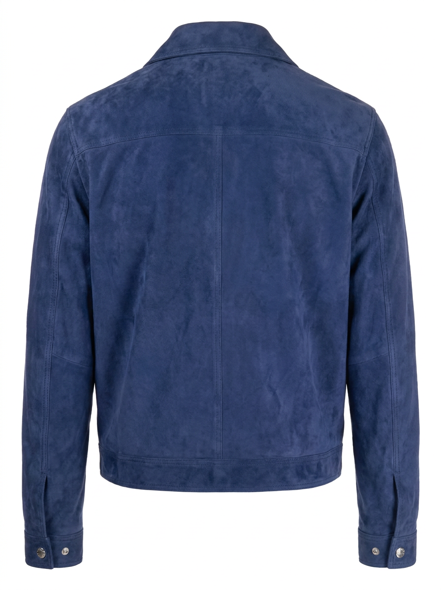 Maverick Winslow navy suede trucker jacket in a front view in ghost mannequin, with point collar, silver snaps and chest flap pockets.