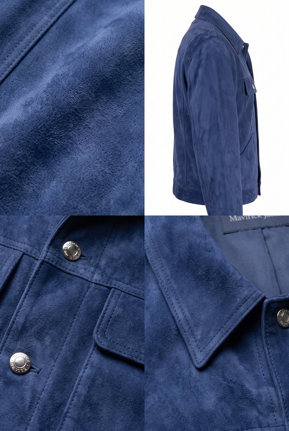 A Maverick Winslow navy suede trucker jacket shown in a four-panel collage, featuring a side profile view, close-up of the chest pocket and silver-tone button, collar detail, and a fabric texture close-up.