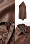 A Maverick Torrance chestnut leather coach jacket shown in a multi-panel collage: a close-up of the leather texture, a side profile view, and a front view with the collar and zipper detail.